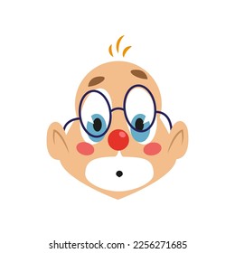 Un payaso impactado que usa gafas de ilustración vectorial. Expresión facial del personaje de la caricatura con maquillaje de ojos y boca aislado de fondo blanco. Emociones, concepto de circo