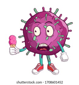 Erschockierter Corona-Virus-Covid-19-Cartoon-Charakter, der geschmolzenes Eis mit lustigem Ausdruck hält