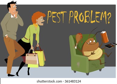 Shocked couple caught a giant cockroach sitting in a chair in their house, eating, drinking and watching TV, as a metaphor for a pest problem, EPS 8 vector illustration