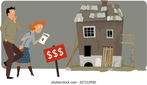 Shocked couple looking at a high price label of a run down small house, vector illustration, ESP 8, no transparencies