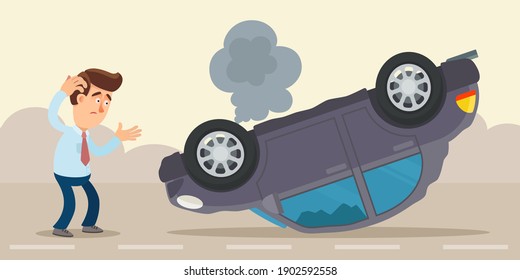 Shocked driver looks to the flipped car on the road. Car accident on dangerous highway. Vector illustration, flat design, cartoon style.