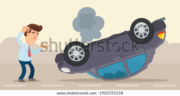 Shocked driver looks to the flipped car on the\
road. Car accident on dangerous highway. Vector illustration, flat\
design, cartoon style.