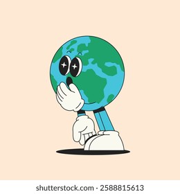 Shocked Earth Cartoon. My eyes sparkle in surprise. Retro 70s style character.