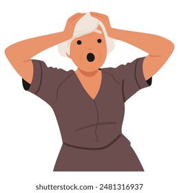 Shocked Elderly Woman Cartoon Character Holding Her Head In Disbelief. Depicts Emotions Of Surprise, Fear, And Alarm With A Hand-on-head Gesture. Vector Concept Of Shock, Reaction, And Emotion