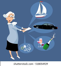 Shocked elderly woman looking at a financial statement listing luxury items purchasing as a result of a fraud, EPS 8 vector illustration