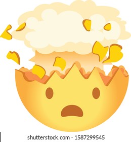 Shocked emoji. Exploding head emoticon. A yellow face with an open mouth and the top of its head exploding in the shape of a brain-like mushroom cloud.