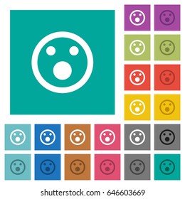 Shocked emoticon multi colored flat icons on plain square backgrounds. Included white and darker icon variations for hover or active effects.