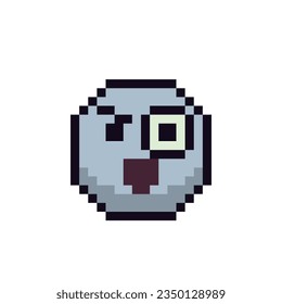 Shocked emoticon pixel art face with one big eye smiley cartoon character 8-bit style. Isolated abstract vector illustration.