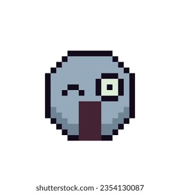 Shocked emoticon pixel art face with one big eye and open mouth indignant smiley cartoon character 8-bit style. Isolated abstract vector illustration.