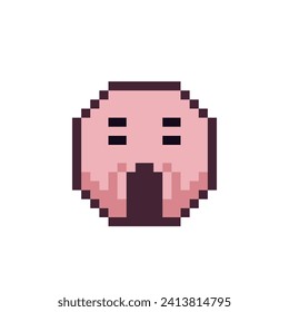 Shocked emoticon pixel art face with open mouth, slack jaw indignant smiley cartoon character 8-bit style. Isolated abstract vector illustration.