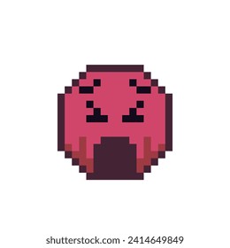 Shocked emoticon pixel art red face with open mouth, slack jaw indignant smiley cartoon character 8-bit style. Isolated abstract vector illustration.