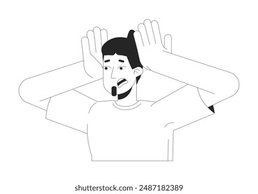 Shocked european male clutching head black and white 2D line cartoon character. Caucasian guy with panic attack isolated vector outline person. Stress monochromatic flat spot illustration