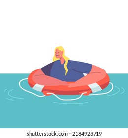 Shocked Exhausted Woman Swim On Lifebuoy Trying To Survive In Ocean After Shipwreck. Female Character Sinking In Sea Floating On Water Surface After Accident. Cartoon People Vector Illustration