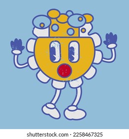 Shocked face with exploding head chamomile flower emoji. Mind blow smile vintage 50s 60s 70s style retro flower naive emoticon. Worn effect texture. Vector cartoon hero with eyes, mouth, hands, legs.