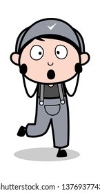 Shocked Face Expression - Retro Repairman Cartoon Worker Vector Illustration