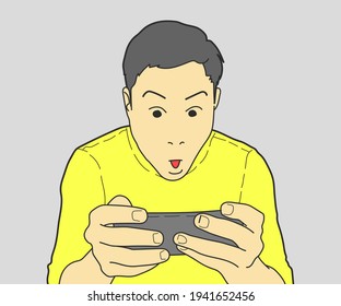 Shocked face of man on grey background. hand drawn style vector design illustrations.