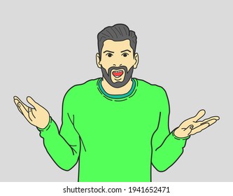 Shocked face of man on grey background.