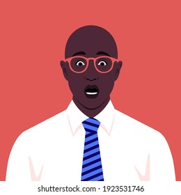 Shocked face. Portrait of an African man who opened his mouth in surprise. Vector flat illustration