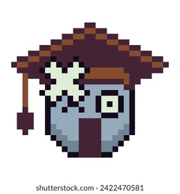 Shocked face with student's hat on his head emoticon pixel art face with open mouth, slack jaw indignant smiley cartoon character 8-bit style. Isolated abstract vector illustration.