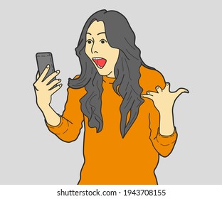 Shocked face of woman on grey background. hand drawn style vector design illustrations.