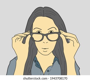 Shocked face of woman on grey background. hand drawn style vector design illustrations.