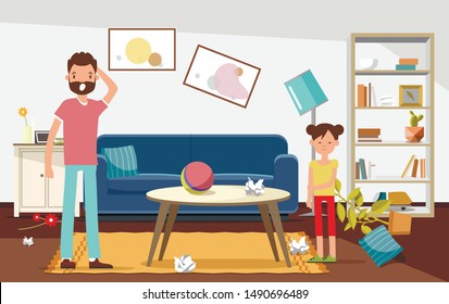 Shocked Father with his Daughter Looking at Mess in Living Room Flat Cartoon Vector Illustration. Broken Furniture, Rubbish, Flowers from Vase on Floor. Ball on Table. Displeased Girl.