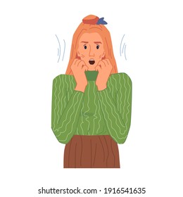 Shocked female character, amazed woman emotion isolated flat cartoon girl in stress. Vector surprised astonished and confused lady. Frightened blonde expressing emotion of fear or excitement