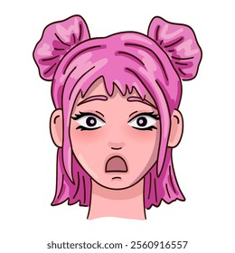 Shocked female person face with pink hair. Vector illustration.