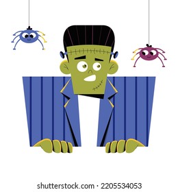 Shocked Frankenstein with spiders. Vector illustration of frightened Frankenstein portrait in blue suit. Happy Halloween. Isolated on white. 