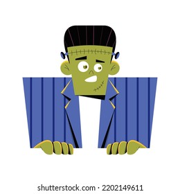 Shocked Frankenstein. Vector illustration of Frankenstein portrait in blue suit. Happy Halloween. Isolated on white. 