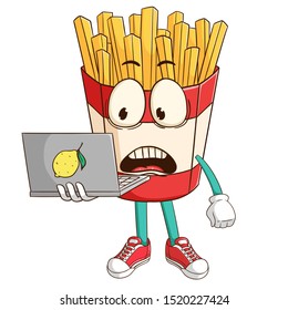 Shocked french fries cartoon character holding a laptop with expression