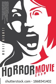 Shocked and frightened girl screaming artistic cinema poster for horror movie genre. Horror film festival vector flyer template with portrait of terrified woman.