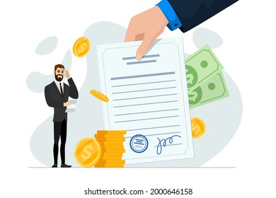 Shocked frustrated businessman hold financial or mortgage bills. Broke, financial problem and debt crisis concept. Depressed jobless business man worried for loan. Hand gives notice pay tax vector