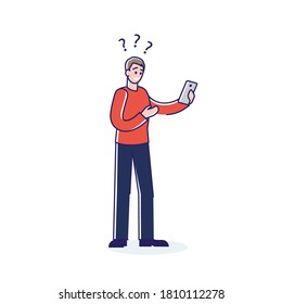 Shocked and frustrated man holding mobile phone with surprising message. Young male worried looking at smartphone screen. Surprise emotion and bad news concept. Vector illustration