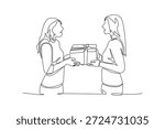 Shocked fun young friends two women give present box with gift ribbon bow. Friends Giving concept. Single line draw design. Vector graphic illustration