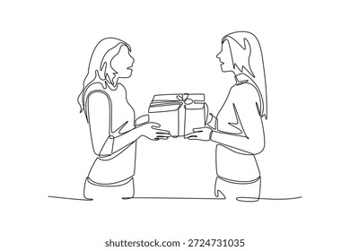 Chocó divertido jóvenes amigos dos mujeres dan caja de regalo con lazo de cinta de regalo. Concepto de dar amigos. Diseño de dibujo de línea única. Ilustración gráfica de Vector