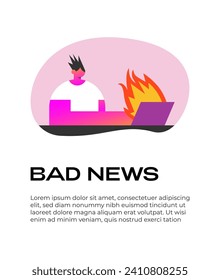 Shocked Girl after reading Bad News. Alarming messages about disasters from the Internet. Flat vector illustration.