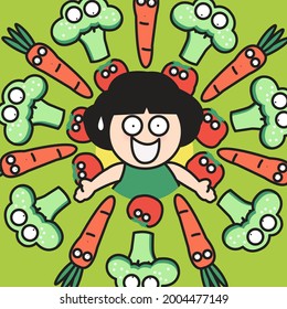 Shocked Girl Coming Out Of A Hole With Healthy Veggies Around Her. Vegetable Haters Concept Card Character illustration