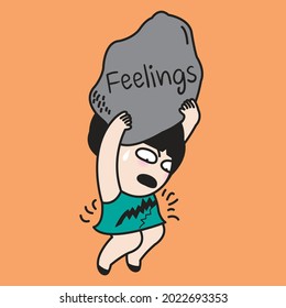 Shocked Girl With Cracks In Her Chest After Carrying A Big Rock Of Feelings Concept Card Character illustration