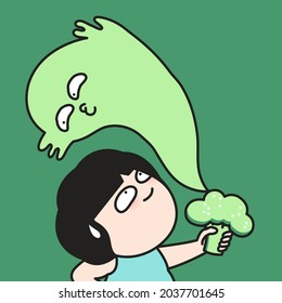 Shocked Girl Looking At Ghost Whom Coming Out From A Green Broccoli. Veggie Hater Concept Card Character illustration
