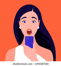 Shocked girl looks into her smartphone. Portrait of a woman who opened her mouth in surprise. Vector flat illustration