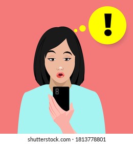 Shocked girl looks into her smartphone. Portrait of a woman who opened her mouth in surprise. Vector flat illustration
