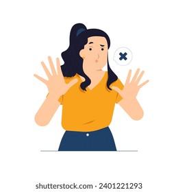 Shocked girl says no makes stop gesture, deny disagree not interested rejection expression concept illustration