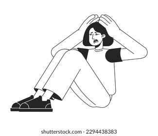 Shocked girl sitting and holding head flat line black white vector character. Editable isolated outline full body person. Simple cartoon style spot illustration for web graphic design, animation