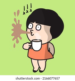 Shocked Girl Spits Out Coffee Concept Card Character illustration
