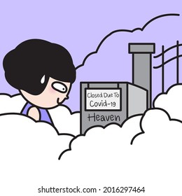 Shocked Girl is standing In Front Of The Heaven Entrance Gate With Sign Board Closed Due To Coronavirus Pandemic Concept Card Character illustration
