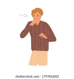 Shocked guy closed mouth by hand with surprised face expression vector flat illustration. Worried man feeling stress and amazed emotion isolated. Something went wrong. Misunderstanding or mistake