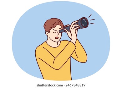 Shocked guy is looking through spyglass while looking at sights or watching rare astronomical phenomenon. Surprised man spying on neighbors using spyglass for uncoordinated surveillance