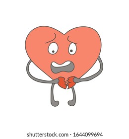 A shocked heart character destroys an attitude. Broken feelings. Valentine's Day. Hand-drawn character design. Vector editable illustration