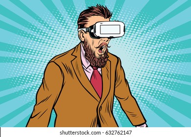 Shocked hipsters in VR glasses. Virtual reality gadget. Pop art retro vector illustration